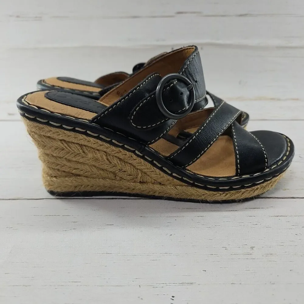 Born Boc Wedge‎ Sandals Womens 7 Black Leather Comfort Espadrille Strappy Shoe